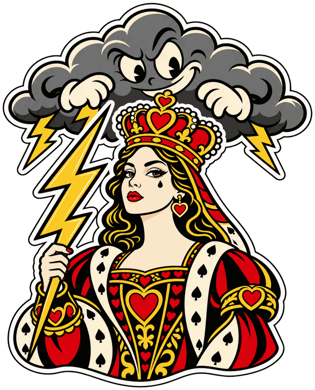 Queens of the Storm Age logo: a queen of hearts holding a lightning bolt, with a storm cloud peeking over her crown